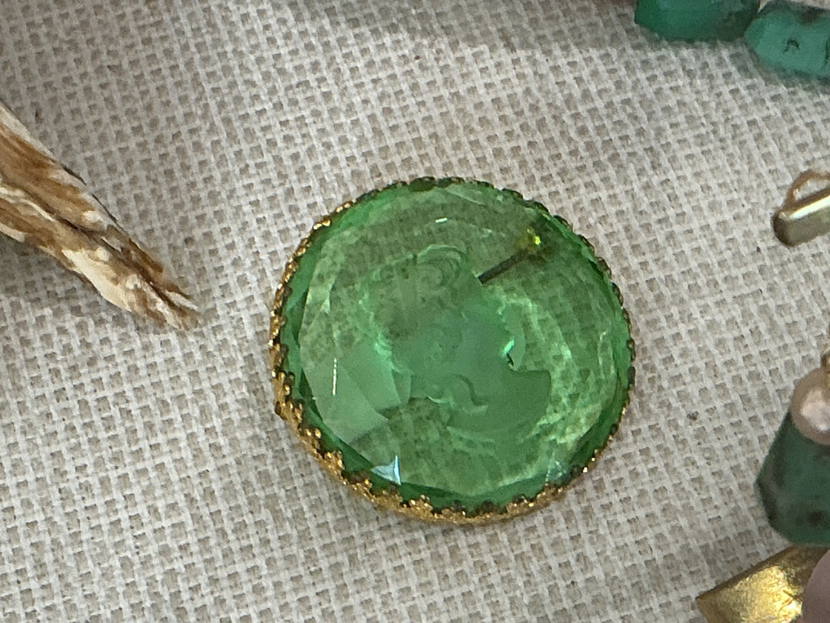 Vintage Green Glass Cameo Brooch